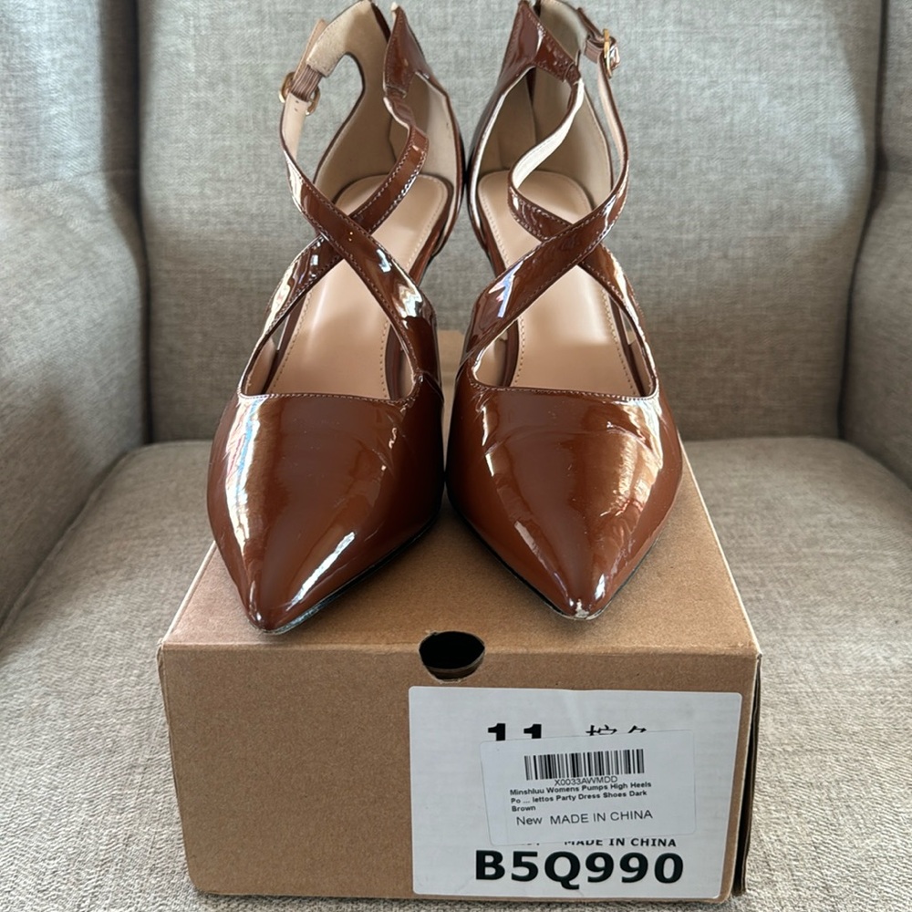 Brown patent leather 3” heels with zipper back and cross cross front pointed toe